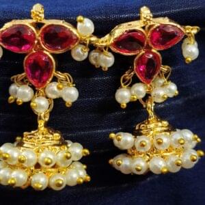 Leafy Elegance: Pink Stone Jhumka Designs